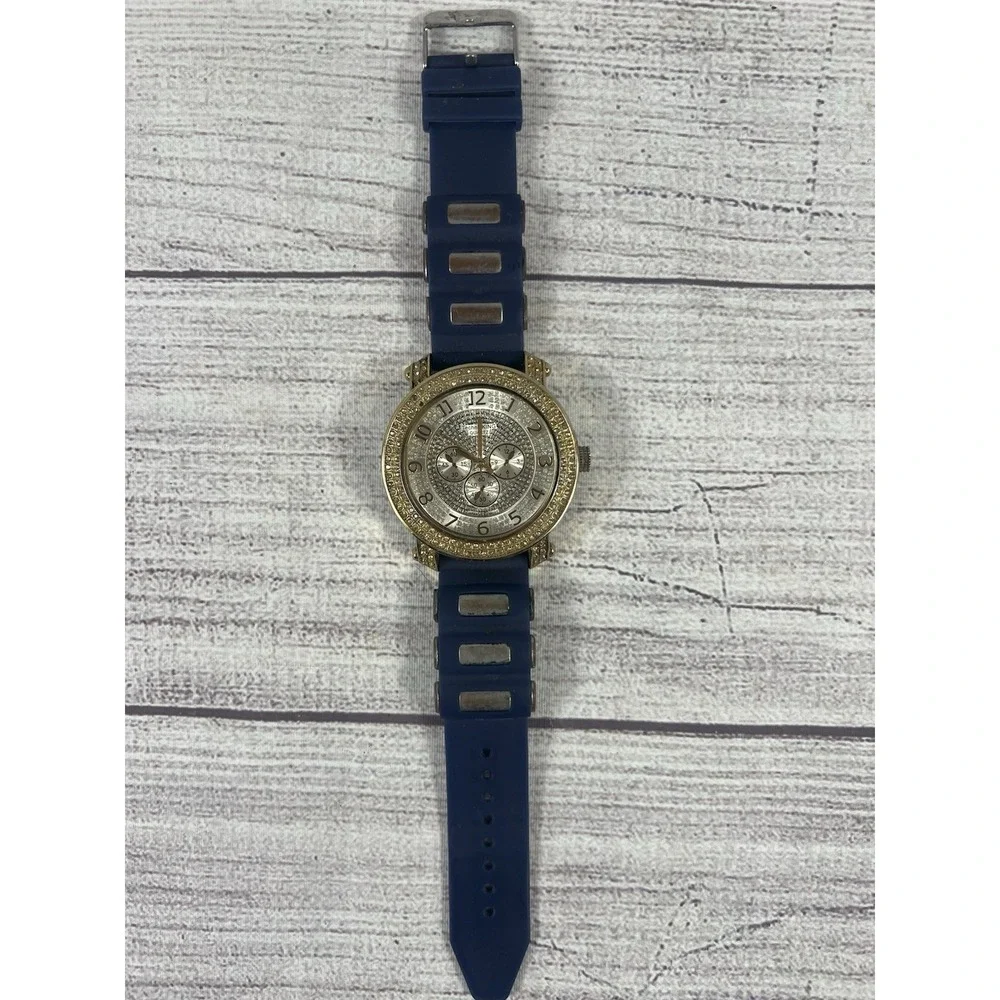 VTG‎ Techno King Quartz Watch Blue Silicone Band Rhinestone Bezel For Parts